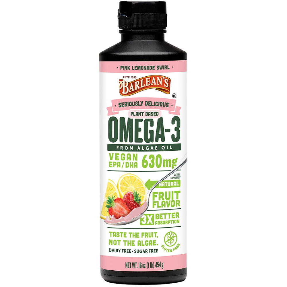 Barlean's Pink Lemonade vegan omega-3 algae oil bottle
