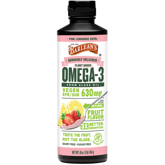 Barlean's Pink Lemonade vegan omega-3 algae oil bottle