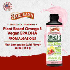 Close-up of Barlean's vegan algae oil label showing 630 mg EPA & DHA