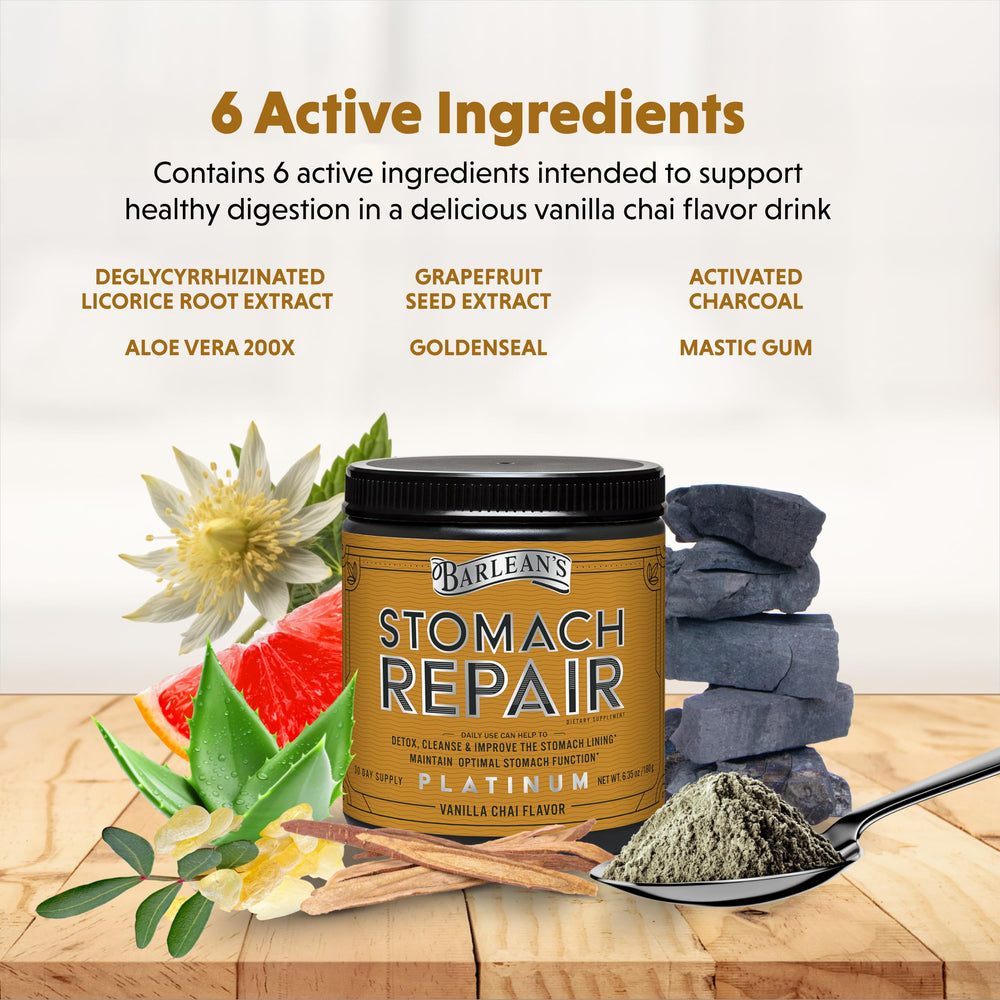 Barlean's Stomach Repair label highlighting gut health and detox benefits
