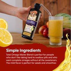 Close-up of Barlean's Total Omega 3 6 9 label detailing ingredients.