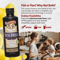 Triple Omega Master Blend infographic showing flax, fish, and borage oils