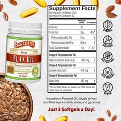 Barlean's flaxseed oil softgels bottle with label close-up