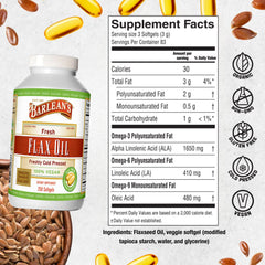 Close-up of Barlean's vegan flaxseed oil softgels capsules