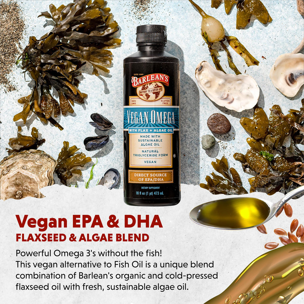 Pouring Barlean's flax and algae oil into a spoon