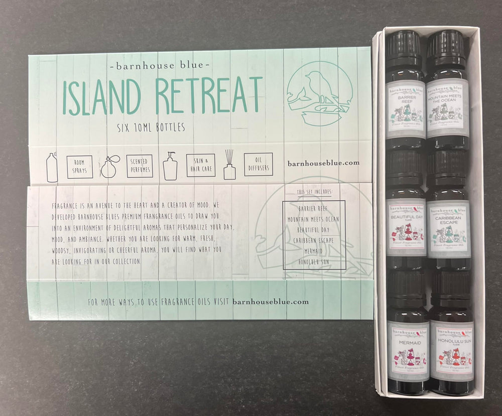 Assorted 10ml amber fragrance oil bottles from Barnhouse Blue Island Retreat
