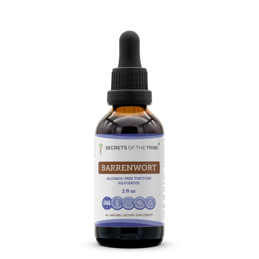 Front view of Secrets of the Tribe Barrenwort Tincture bottle with Epimedium Grandiflorum dried leaf (2 fl oz)