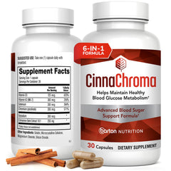 Barton Nutrition CinnaChroma bottle highlighting 10x cinnamon extract for sugar support.