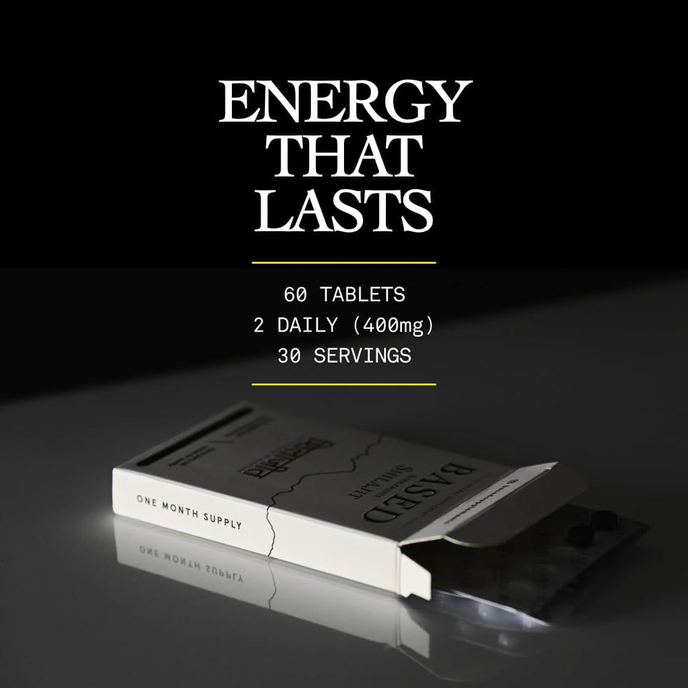 Based Shilajit tablets on an earthy background