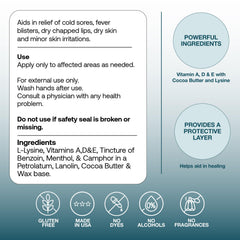 Lips treated with Basic Brands L-Lysine Lip Ointment for dryness relief during use.