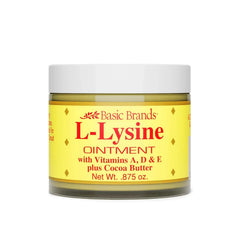 Basic Brands L-Lysine Lip Ointment tube application for soothing lip protection.