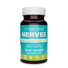 Front label of Basic Brands Nerves Alpha Lipoic Acid 200 mg bottle