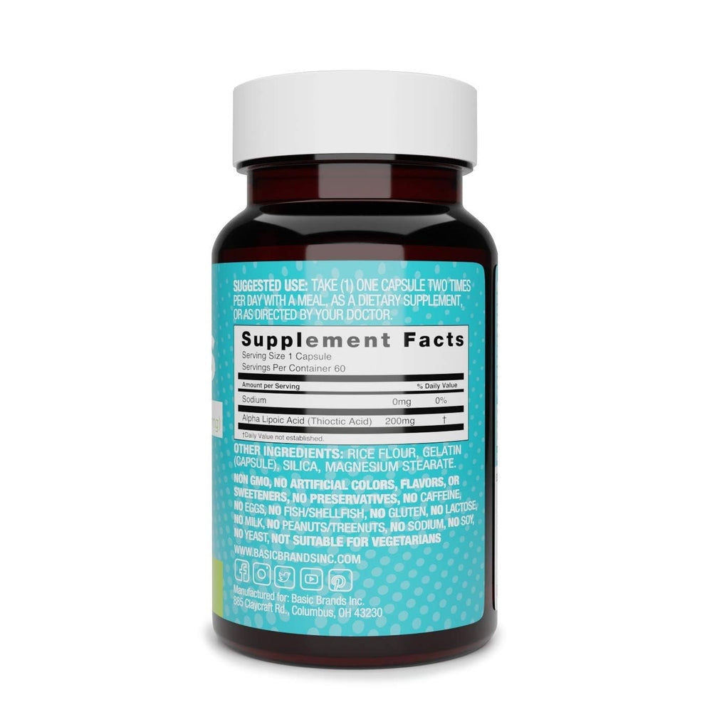 Capsule close-up showing Basic Brands Nerves Alpha Lipoic Acid 200 mg