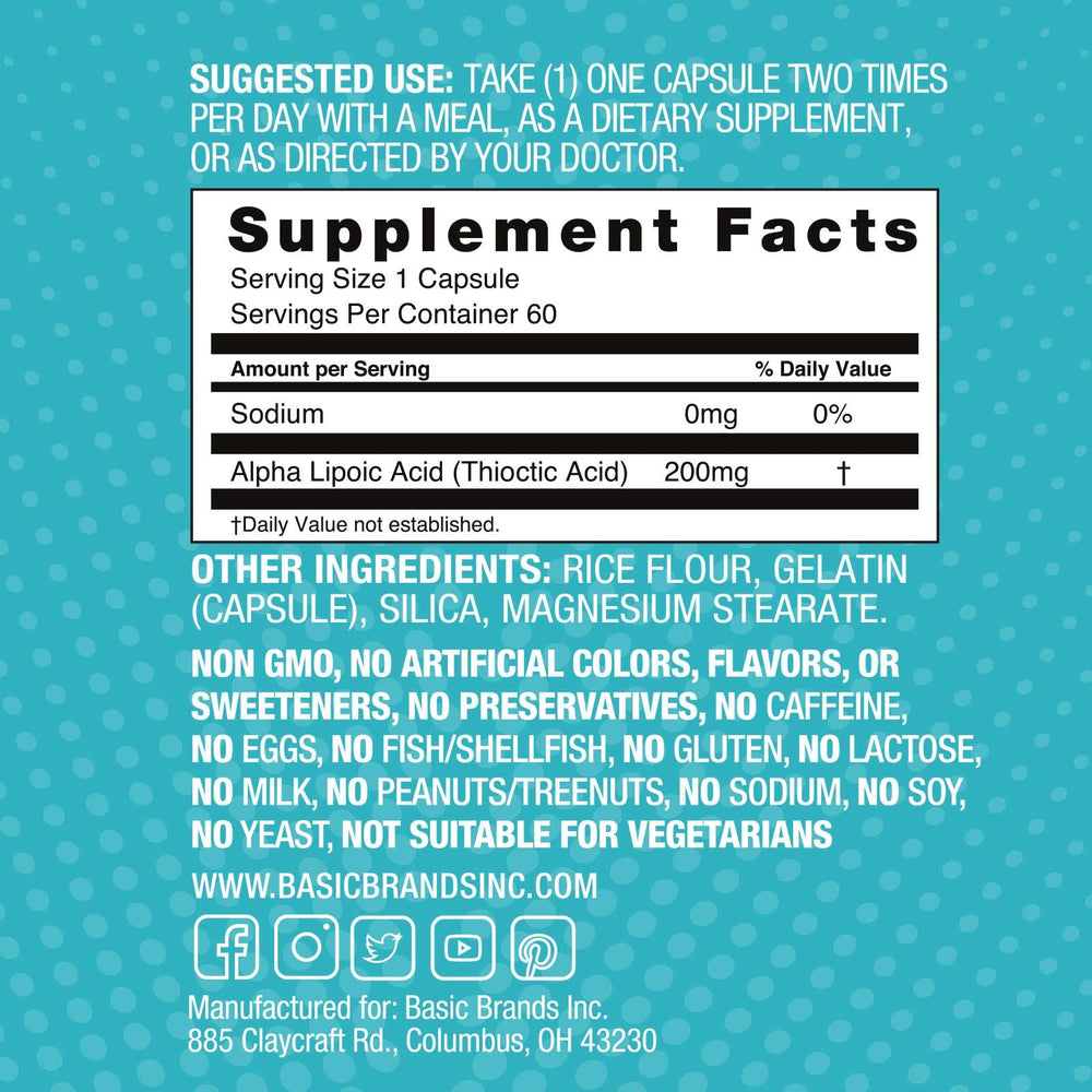 60-count bottle packaging of Basic Brands Nerves Alpha Lipoic Acid