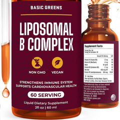 Front view of BASIC GREENS Liposomal B Vitamins Liquid bottle (2 oz).