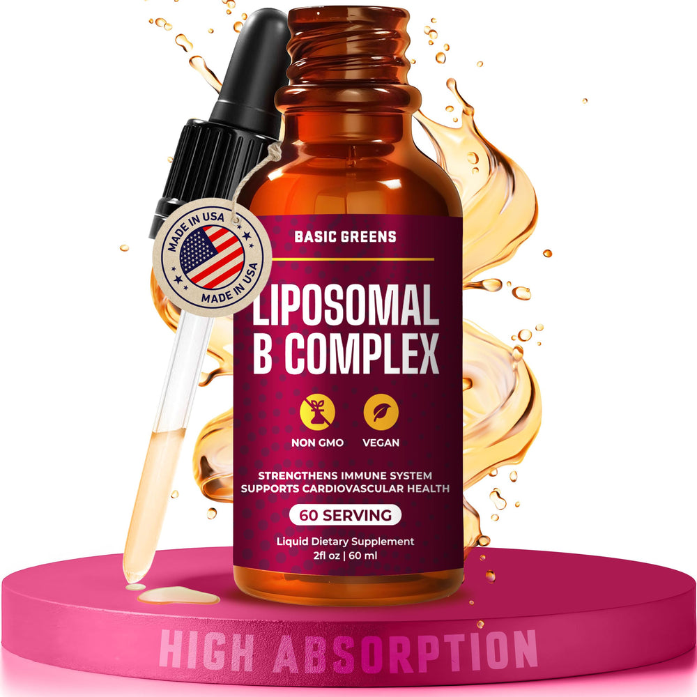 Lifestyle image showing usage of BASIC GREENS liquid B vitamins.