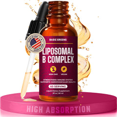 Lifestyle image showing usage of BASIC GREENS liquid B vitamins.
