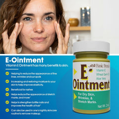 Basic Organics Vitamin E Ointment packaging display shows a compact 2 oz bottle.