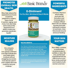 Basic Organics Vitamin E Ointment texture closeup highlights creamy consistency for smooth application.