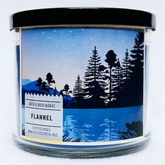 Close-up of Bath and Body Works 3-Wick Scented Candle in Flannel showing Bergamot, Mahogany, Musk notes