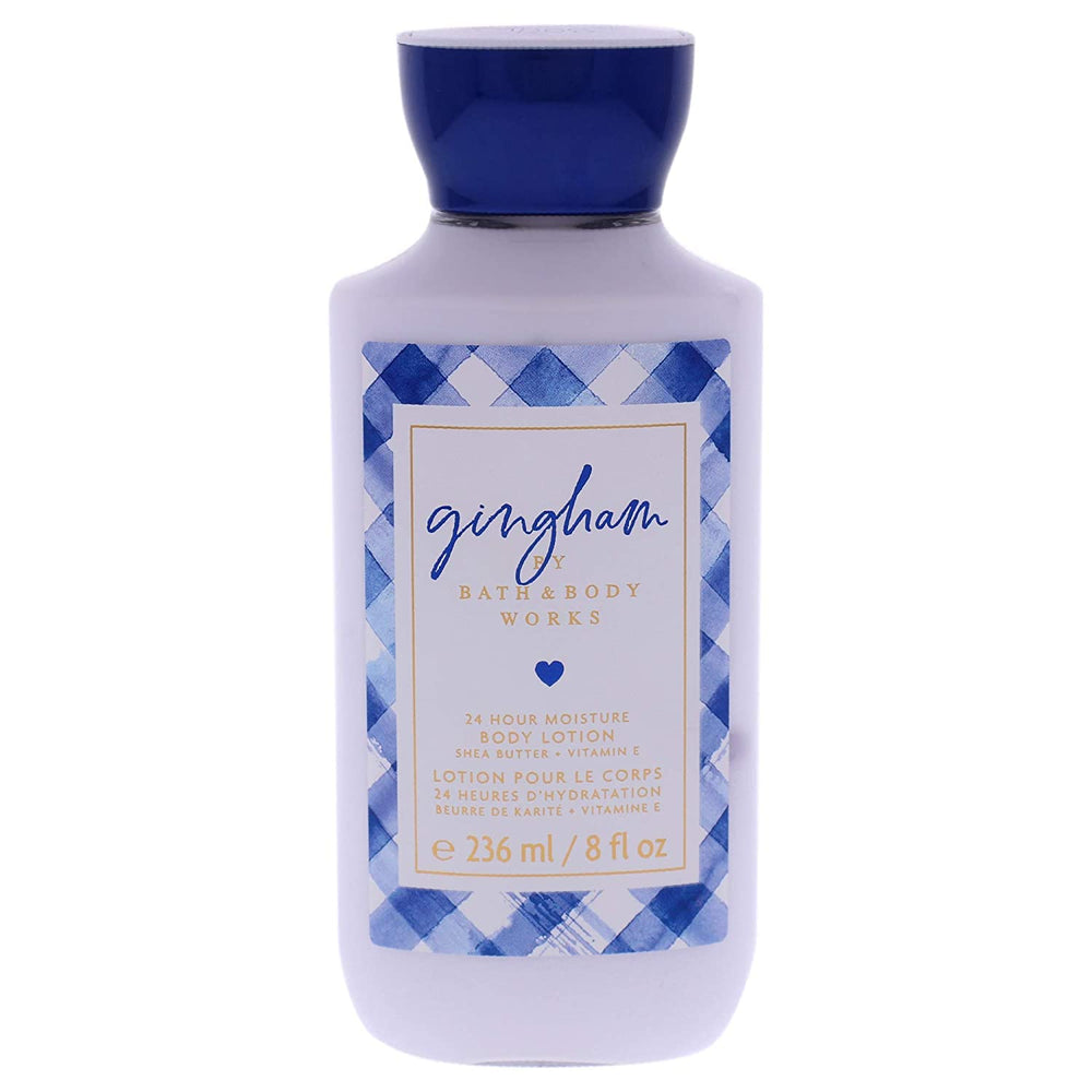 Bath & Body Works Gingham body lotion bottle, highlighting refreshing floral notes for daily hydration.