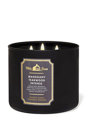 Bath and Body Works Mahogany Teakwood High Intensity jar closeup reveals rich fragrance for relaxing spaces.
