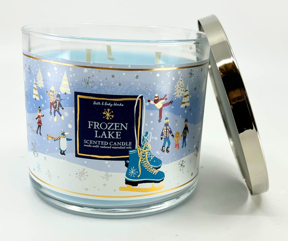 Close-up of Frozen Lake candle label with White Barn branding