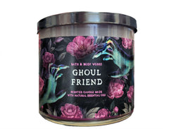 Close-up of Ghoul Friend label on 14.5 oz White Barn 3-Wick Candle