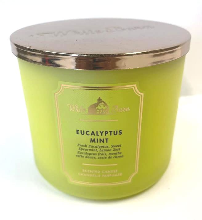 Bath & Body Works White Barn candle Eucalyptus Mint closeup, crisp fragrance