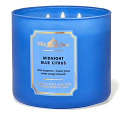 Midnight Blue Citrus 3-Wick Candle in blue glass jar with essential oils