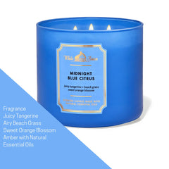 Close-up of Midnight Blue Citrus label on White Barn candle