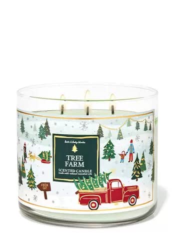 Bath & Body Works White Barn 3-Wick Candle with Essential Oils Tree Farm - 14.5 oz, 2021 Christmas & Winter Scent