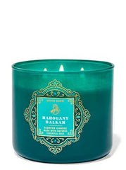 Bath & Body Works White Barn Mahogany Balsam 3-wick candle jar for cozy winter ambiance.