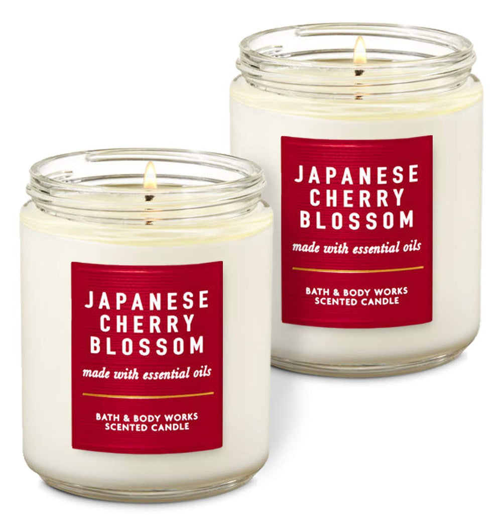 Bath & Body Works Japanese Cherry Blossom Single Wick Scented Candle Pack of 2 - 8 oz each with Essential Oils