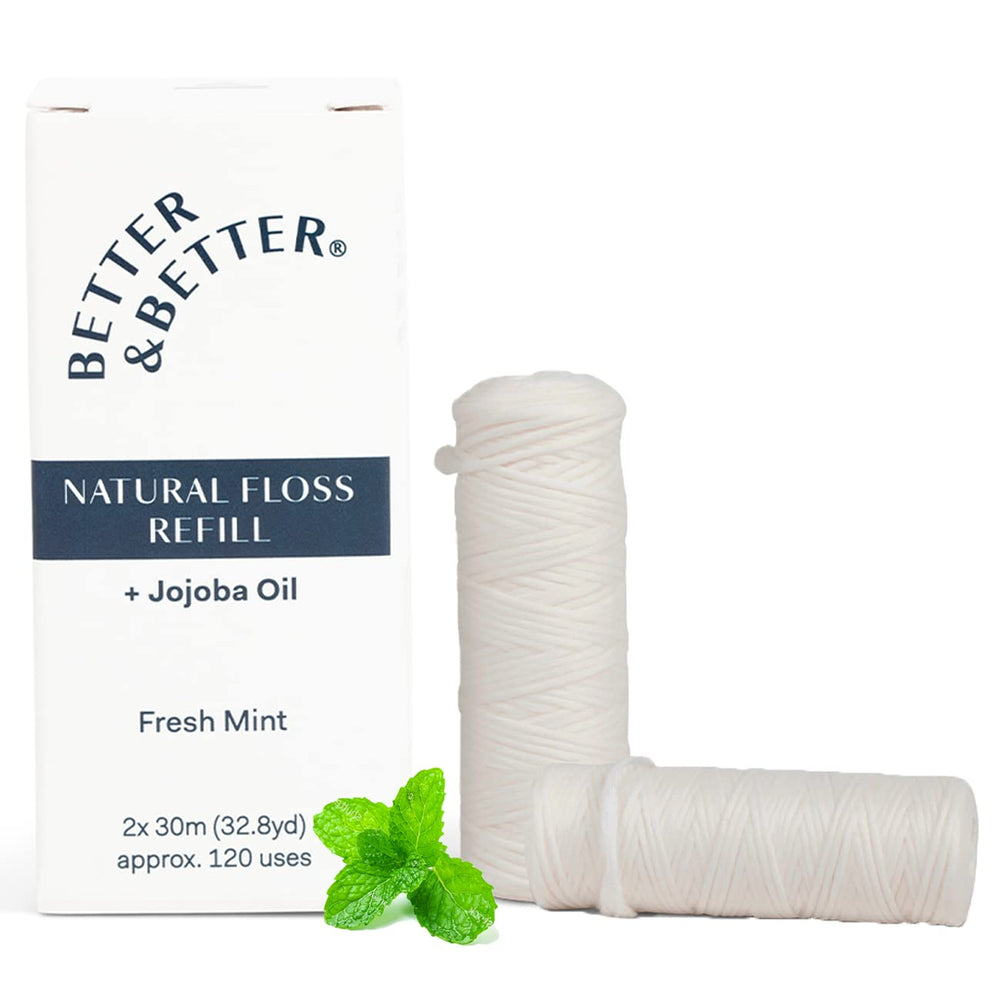 Better & Better Natural Dental Floss Refill Pack with glass jar and two spools