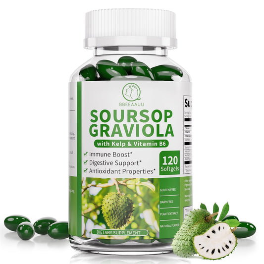 Bottle of BBEEAAUU Soursop Graviola Capsules with Kelp – front view