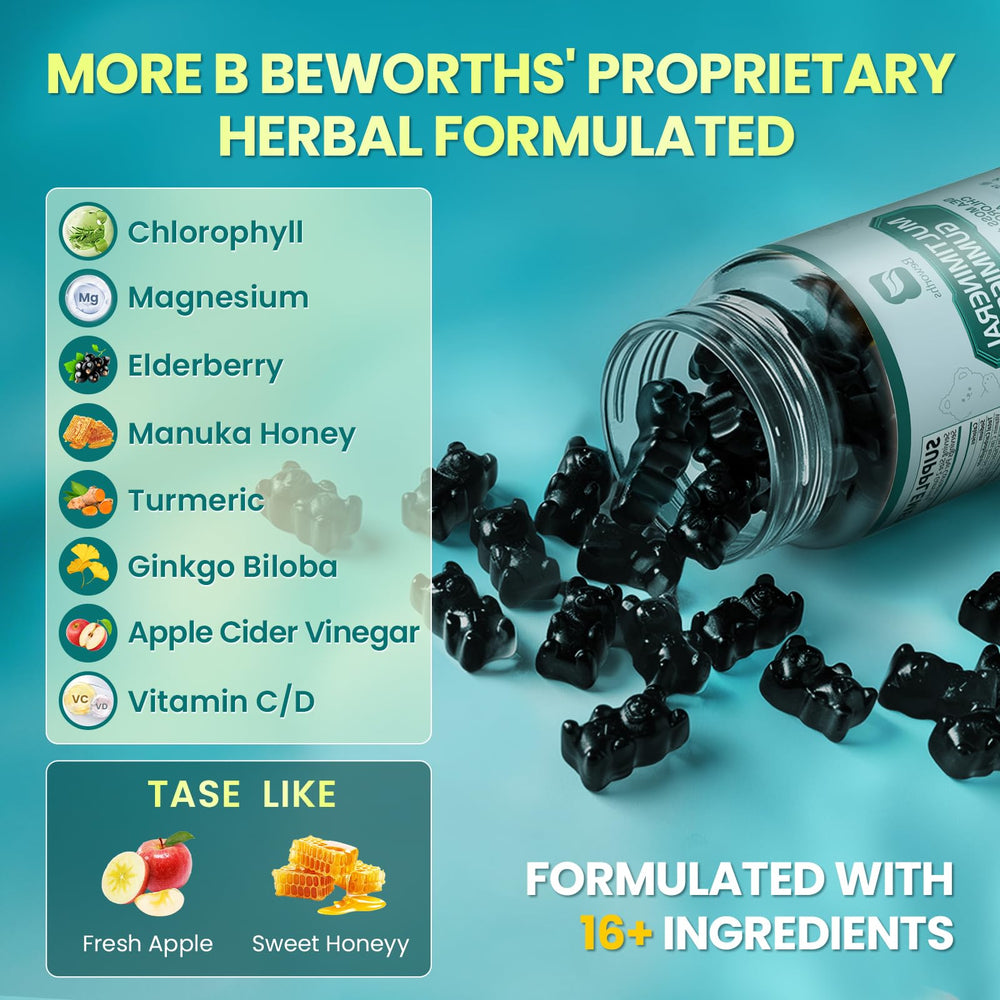B BEWORTHS open bottle with apple gummies visible for convenient daily use