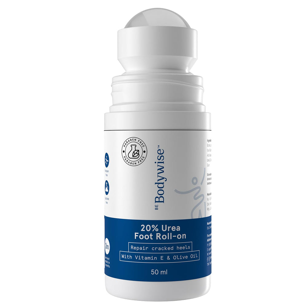 Be Bodywise Foot Cream Roll-On bottle for mess-free hydration of dry heels.