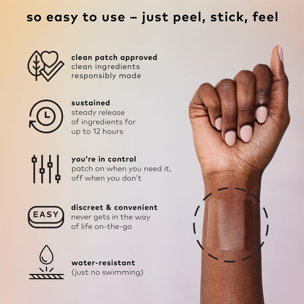 Be Calm Patch worn on the wrist for discreet use