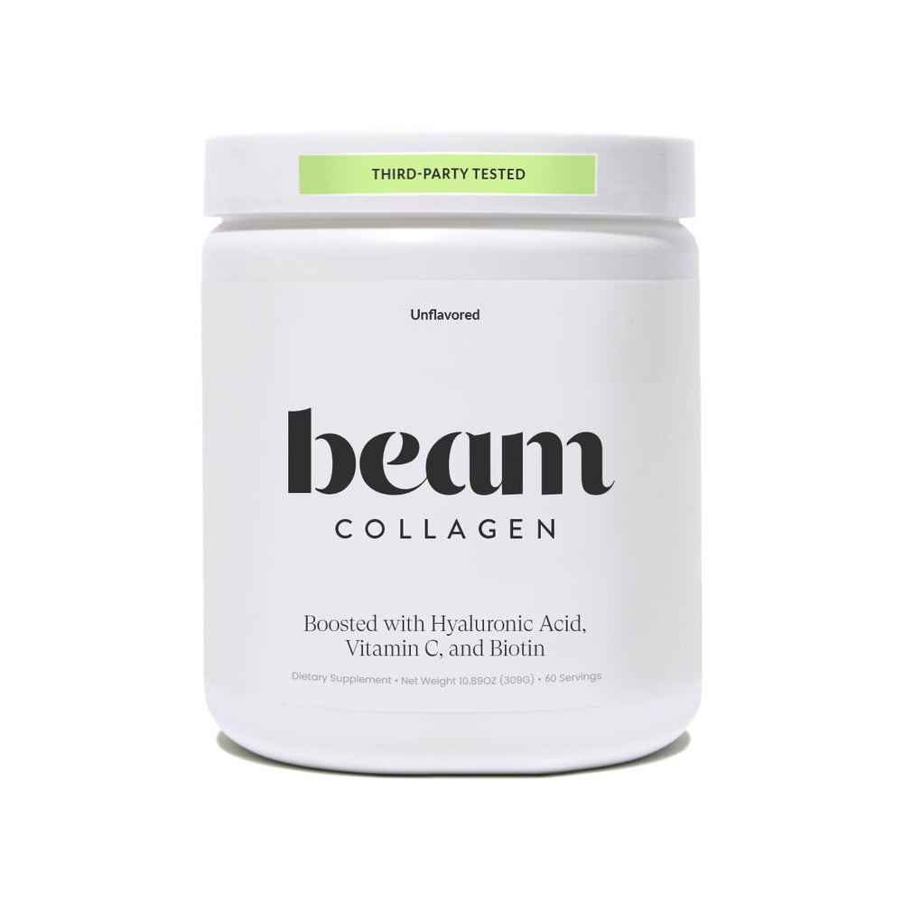 Beam Collagen powder bottle label close-up highlighting grass-fed purity.
