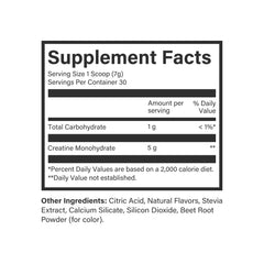 Scoop of raspberry lemon creatine powder beside a glass of water