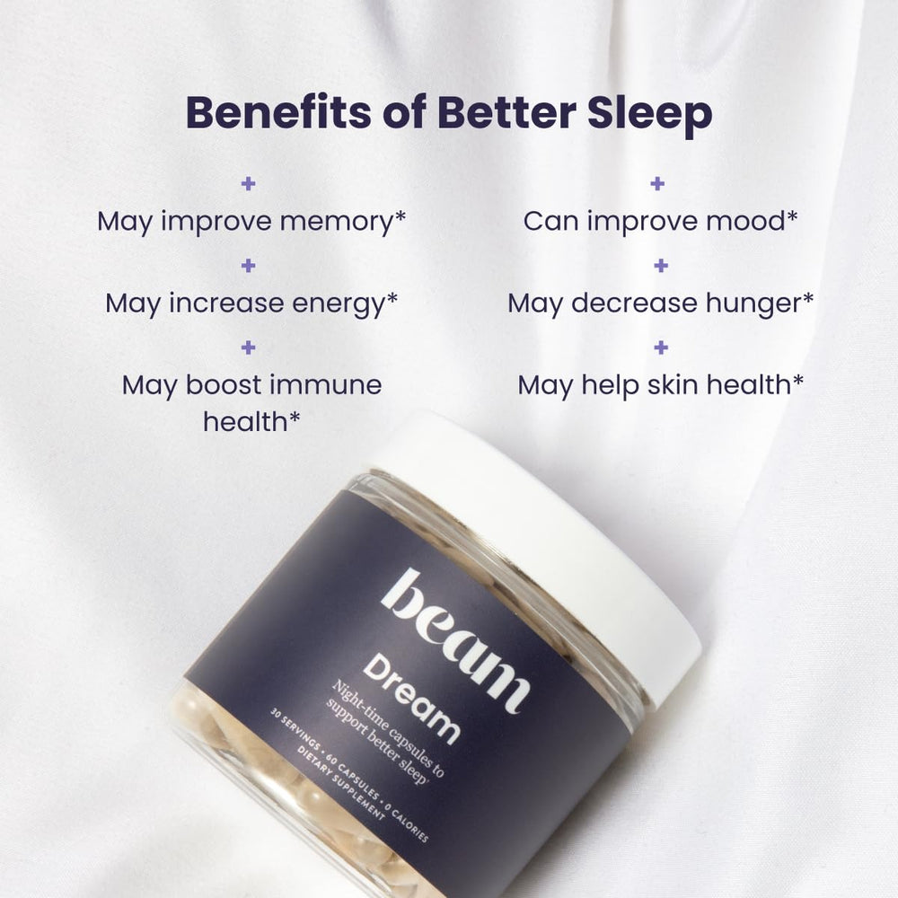 Package shot of Beam Dream Sleep Capsules highlighting vegan and dairy free sleep support.