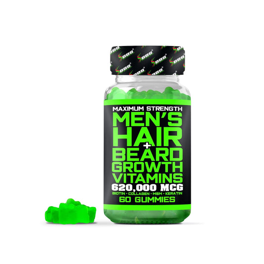Beard Growth Vitamins bottle with gummies on a white background