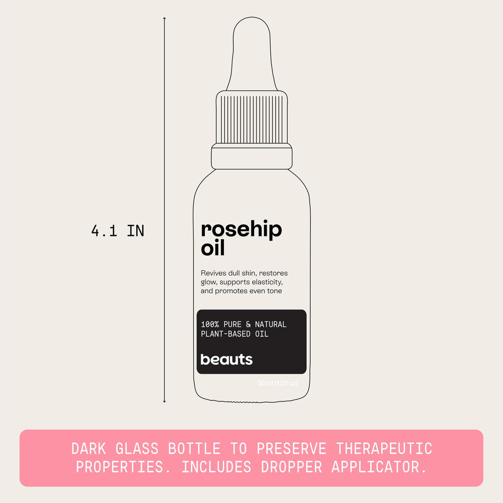 Packaging highlights vegan, cruelty-free status of Beauts Rosehip Seed Oil.