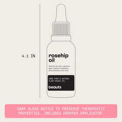 Packaging highlights vegan, cruelty-free status of Beauts Rosehip Seed Oil.