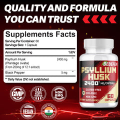 Close-up of BEBEFEN Psyllium Husk Capsules showing 2400 mg per capsule