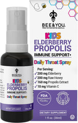 Bee and You Kids Immune Support Throat Spray bottle featuring elderberry and honey