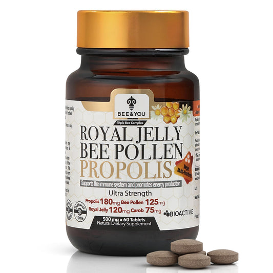 Front view of Bee and You Royal Jelly Tablets with Propolis and Bee Pollen