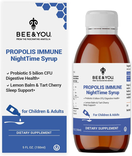 Bee & You Propolis Nighttime Syrup bottle with dropper