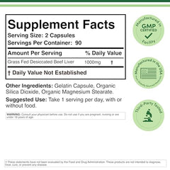 Nutrition label detailing vitamins and minerals for Beef Liver Capsules.